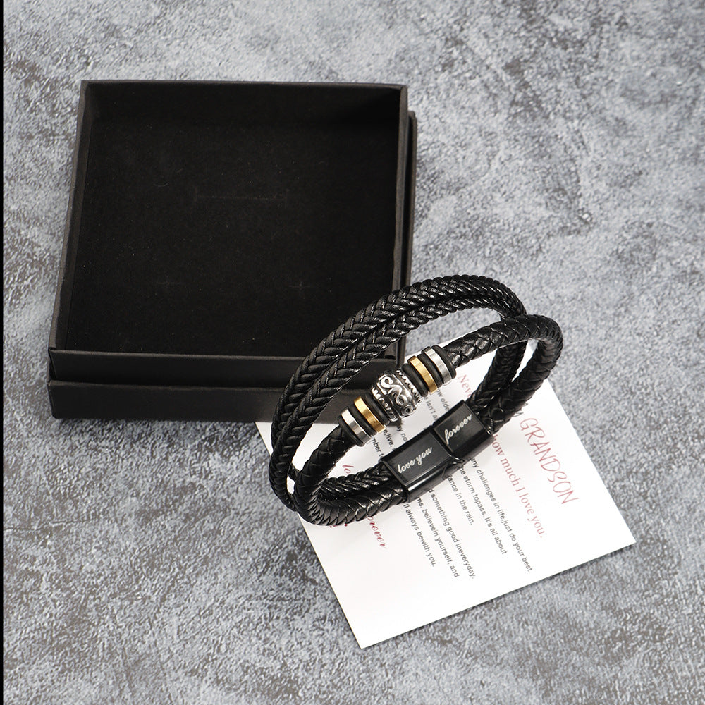 Stainless steel multi-layer woven bracelet men's titanium steel fashionable leather bracelet engraved gift