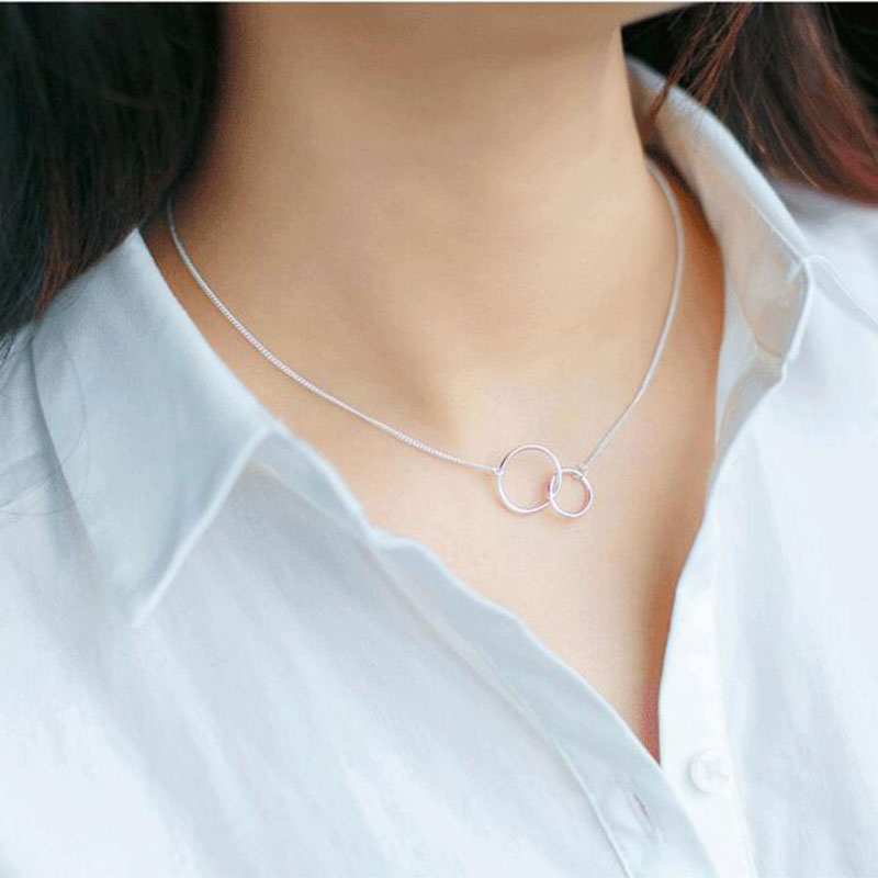 Double Circle Interlock Clavicle Short Necklace Silver Color Necklace For Women collares erkek kolye S-N191