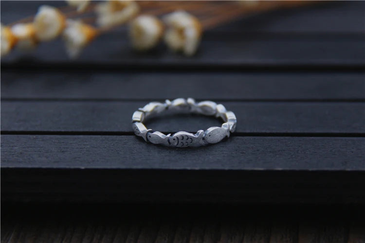 Real S 999 Silver Fine Jewelry for Women Handmade Engraved Fishes Finger Rings