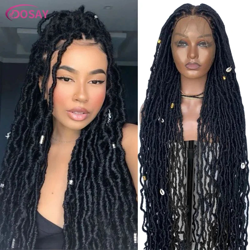 40'' Synthetic Braided Wig Locs Goddess Full Lace Box Braids Wig For Black Women Soft Butterfly Faux Crochet Hair Wig PreLooped